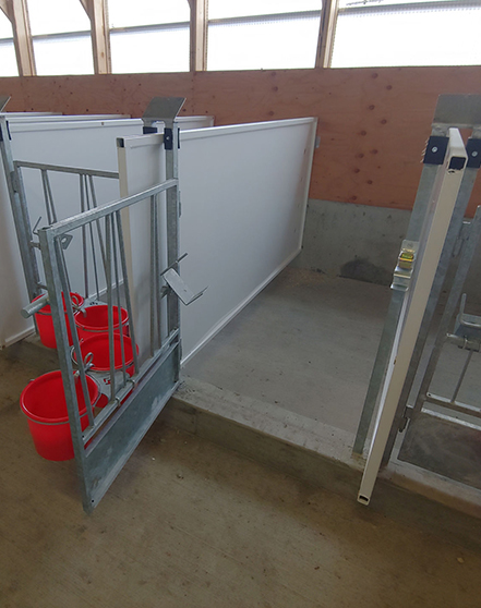 Open door of dairy calf housing unit